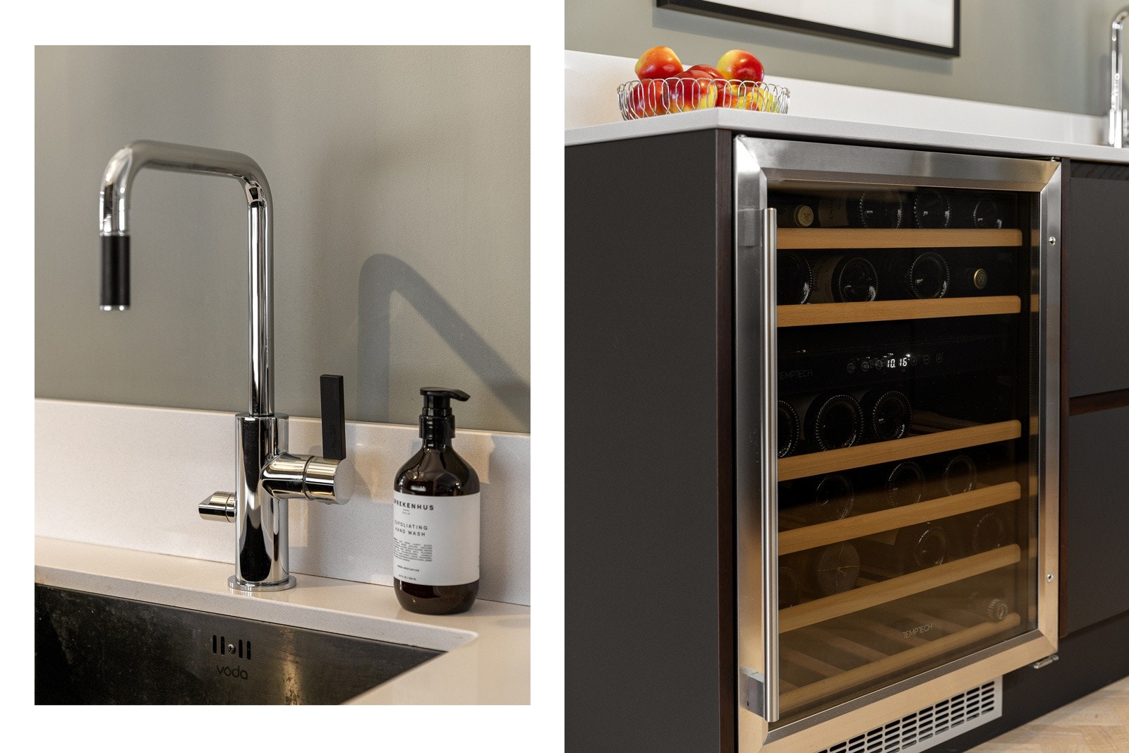 Kjøkkenet har Silestone benkeplate med underlimt oppvaskkum og blandebatteri fra Tapwell, samt backsplash over deler av benken og belysning under overskap. Galleribilde