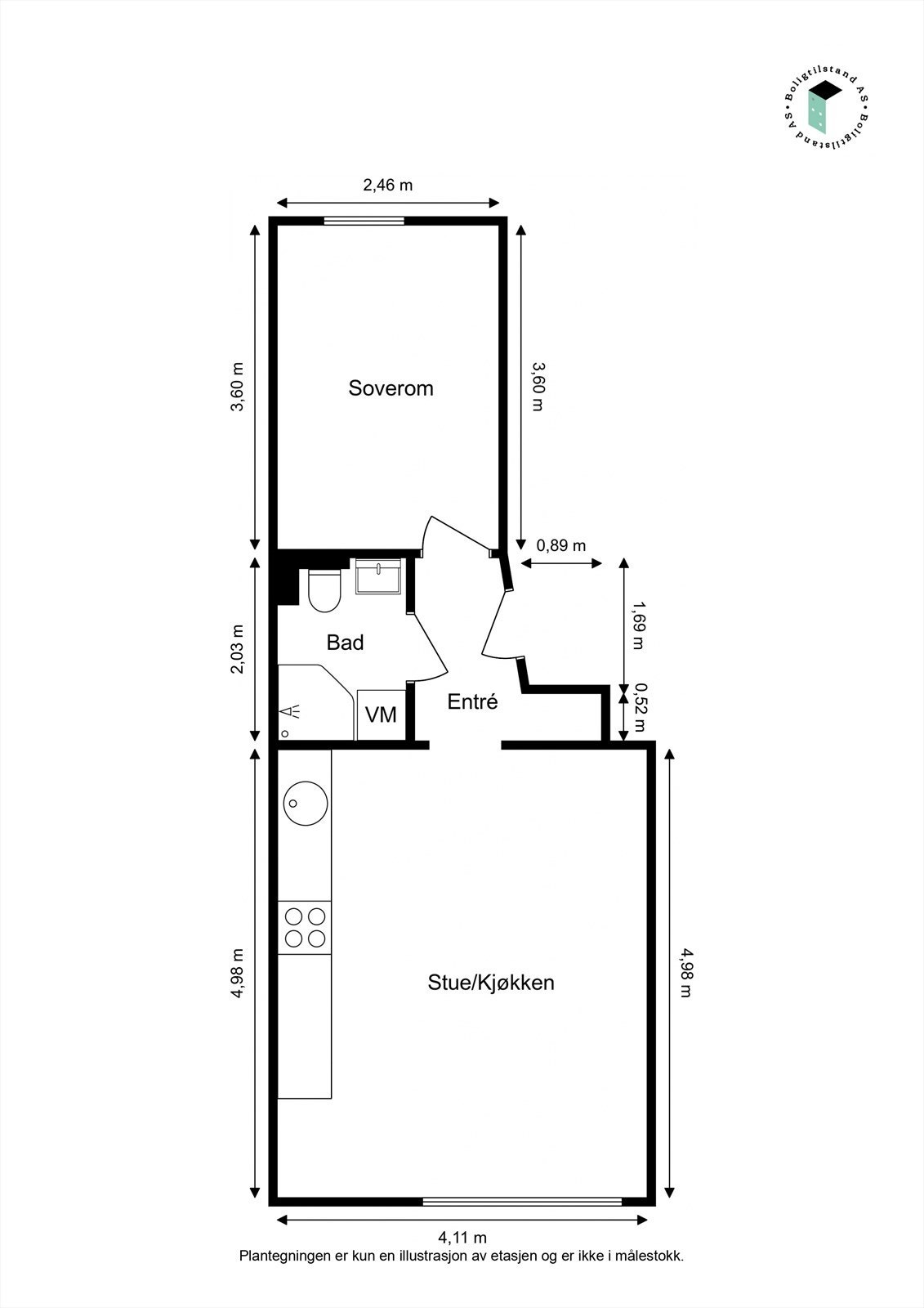 Takstmanns plantegning av leiligheten. Leiligheten disponerer i tillegg en kjellerbod på ca. 2 kvm pluss et skap til oppbevaring, samt loftsbod med gulvareal målt til ca. 4 kvm. Galleribilde