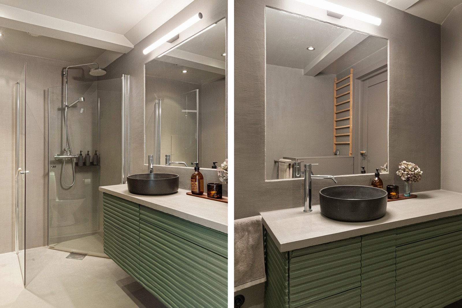 Badet har profilert baderomsinnredning med møbelservant, underskap, integrert speil m/lys, toalett, dusjhjørne m/glassdører og opplegg for vaskemaskin Galleribilde