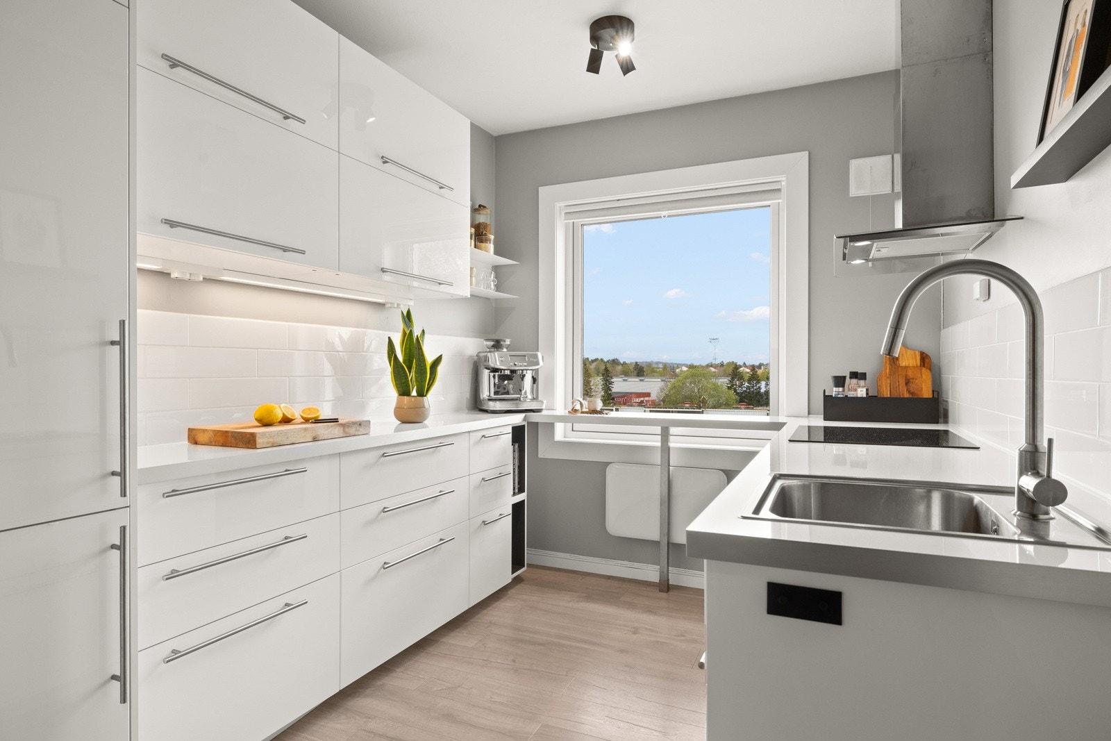 Integrert oppvaskmaskin, kjøleskap/fryseskap, stekeovn og induksjonstopp. Galleribilde