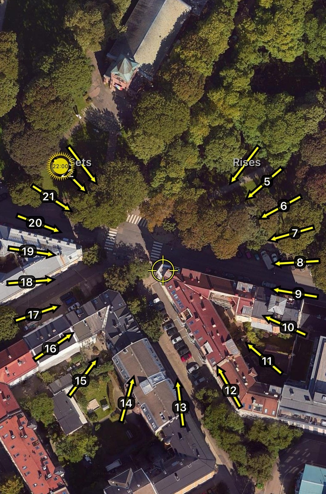 Illustrasjon av solforholdene midtsommers. Sol på takterrassen fra tidlig morgen til sen kveld. Felles takterrasse mot bakgård. Galleribilde