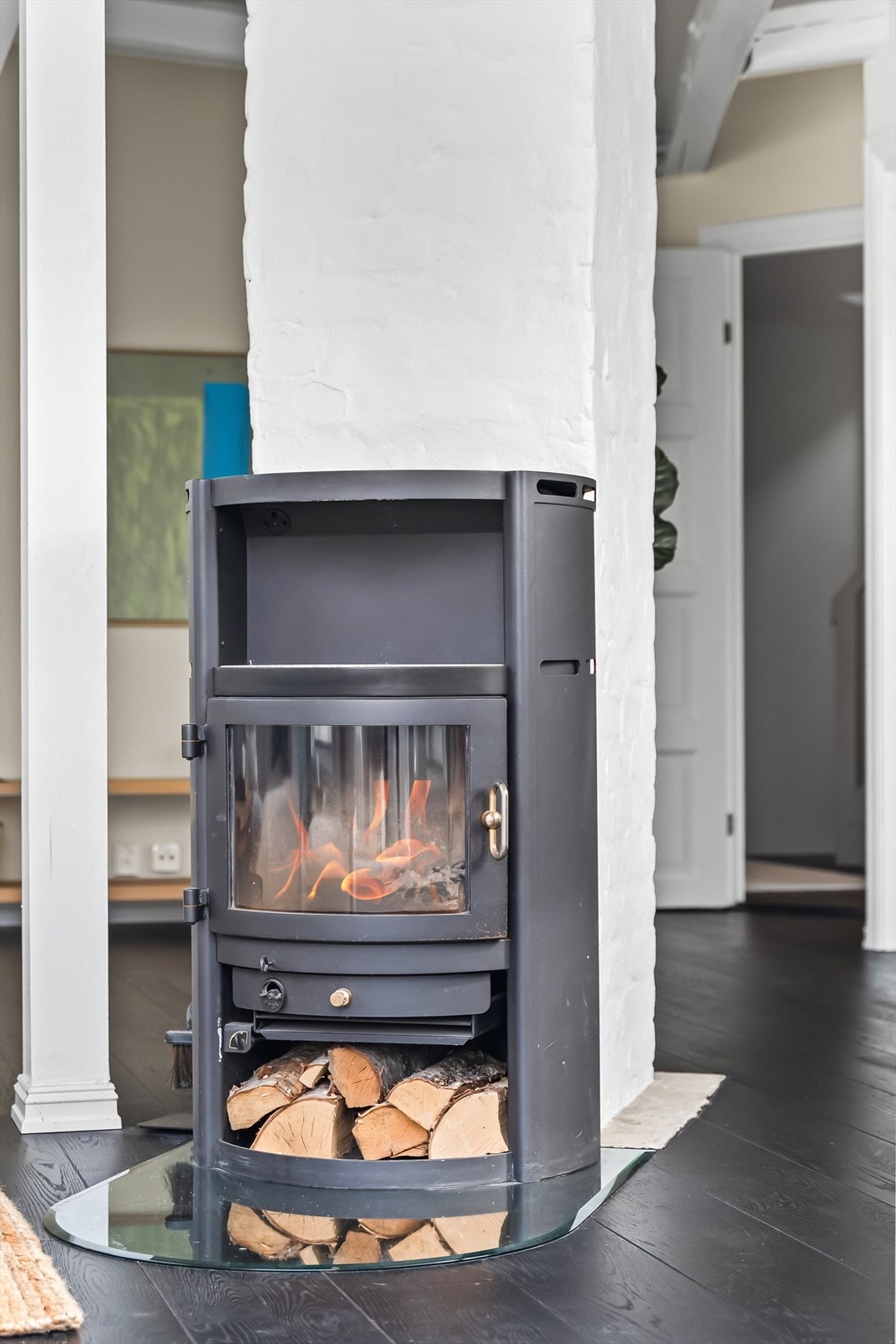 Moderne peisovn med glassdør og vedhylle. Galleribilde