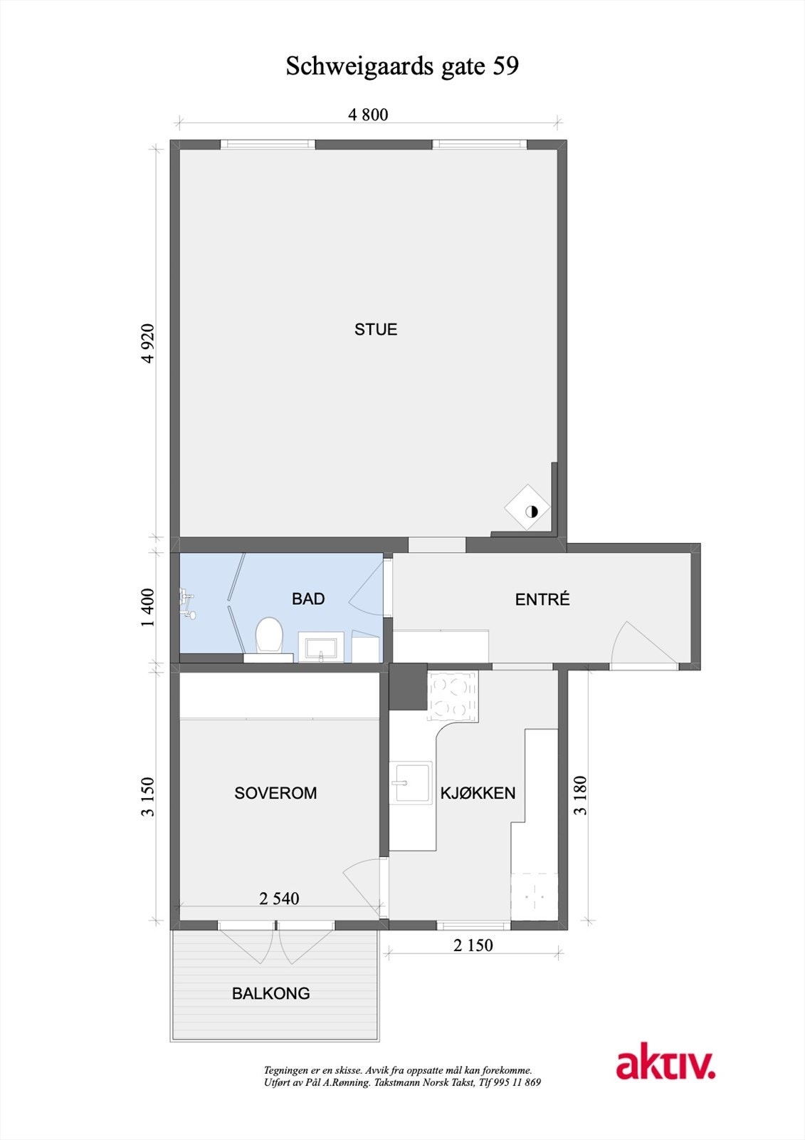 Planskisse. Leiligheten disponerer en kjeller og en loftsbod. Galleribilde