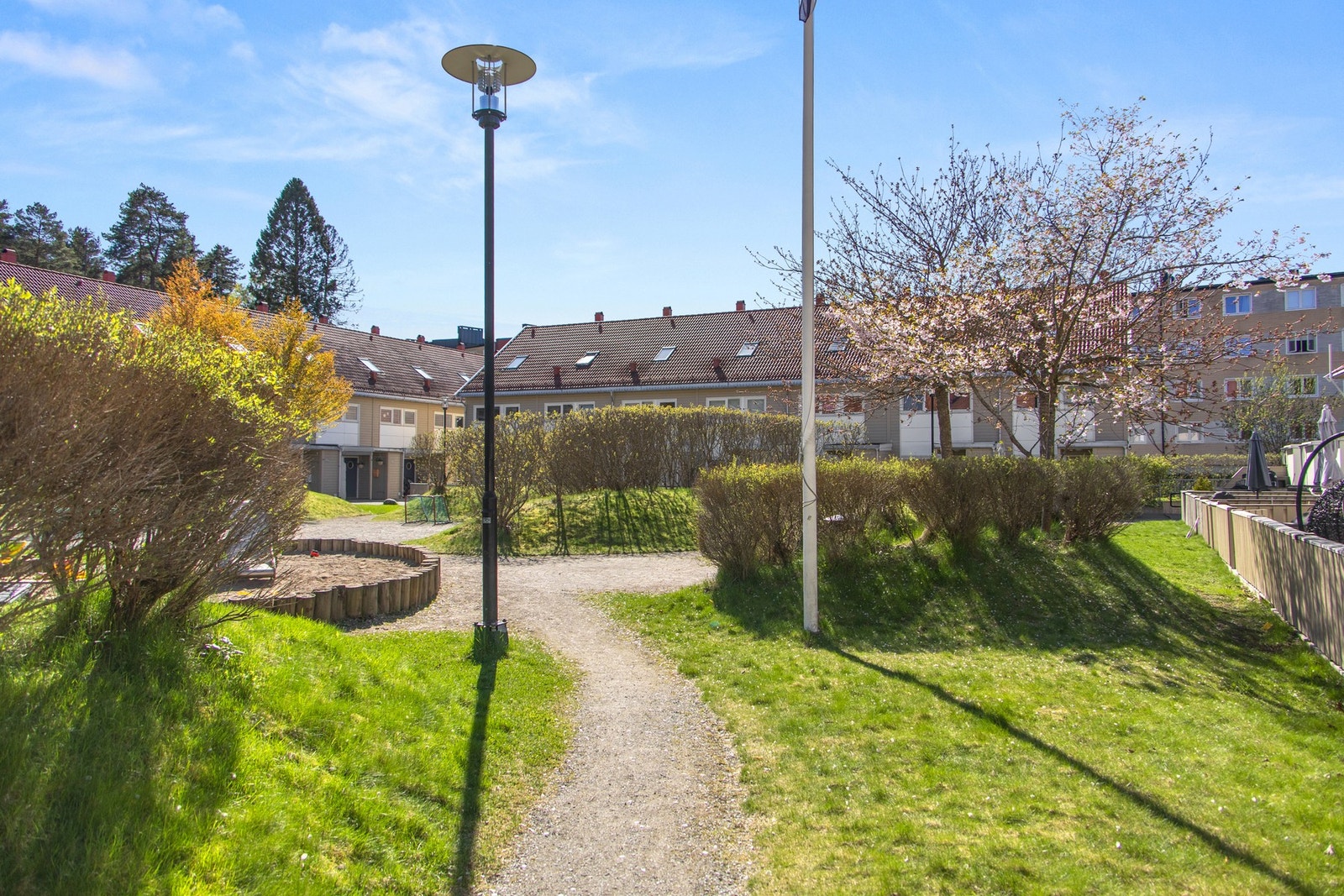 Fellestomten er pent opparbeidet med plenarealer, prydbusker og asfalterte internveier Galleribilde