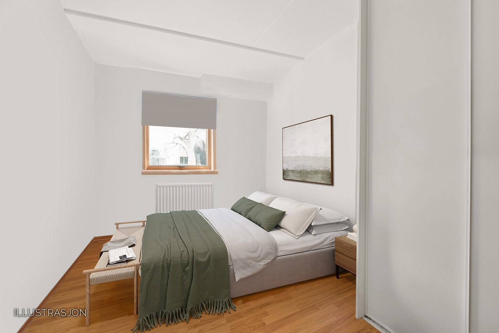 Leiligheten inneholder 3 lyse soverom av ulik størrelse. Soverom 1 er romslig og innredet med praktisk garderobe. (Digital stylet) Galleribilde