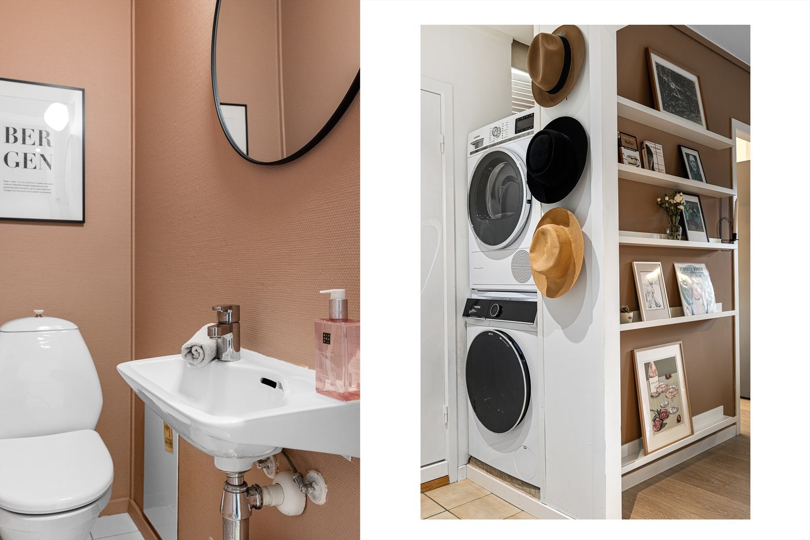 Eget seperat wc-rom samt løsning for vaskemaskin og tøretrommel i skap i gang. Galleribilde