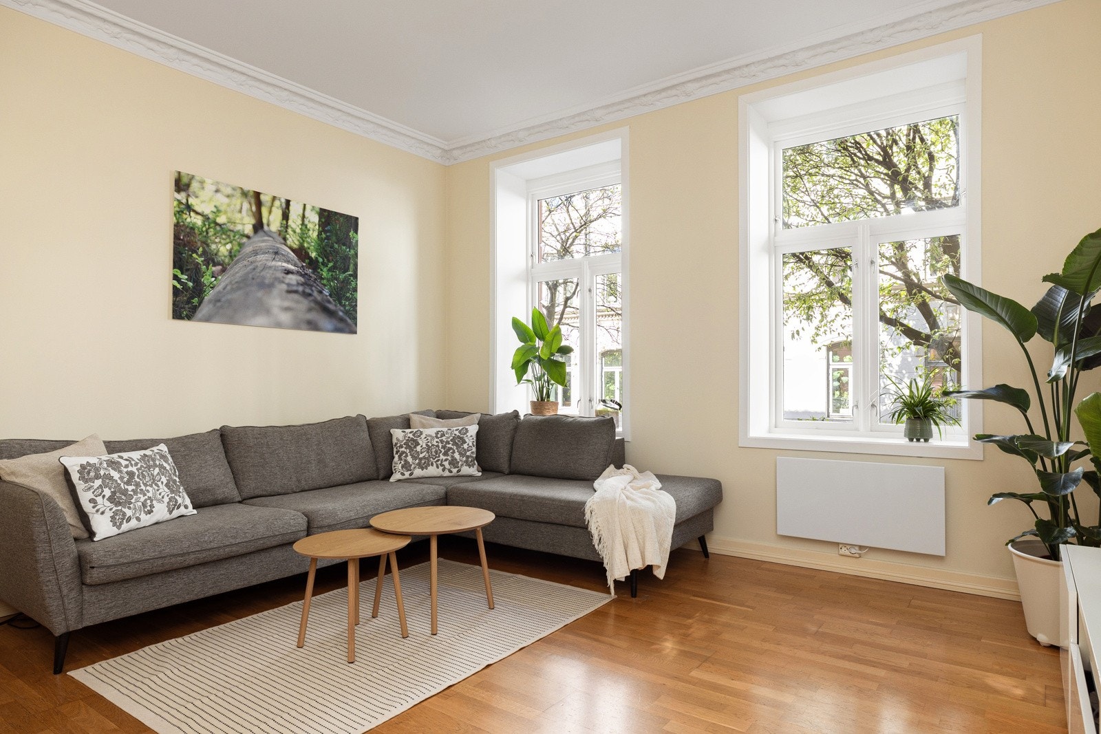 Romslig stue med en takhøyde på 2,85 meter, samt to store vinduer som gir rikelig med naturlig lysinnslipp. Galleribilde