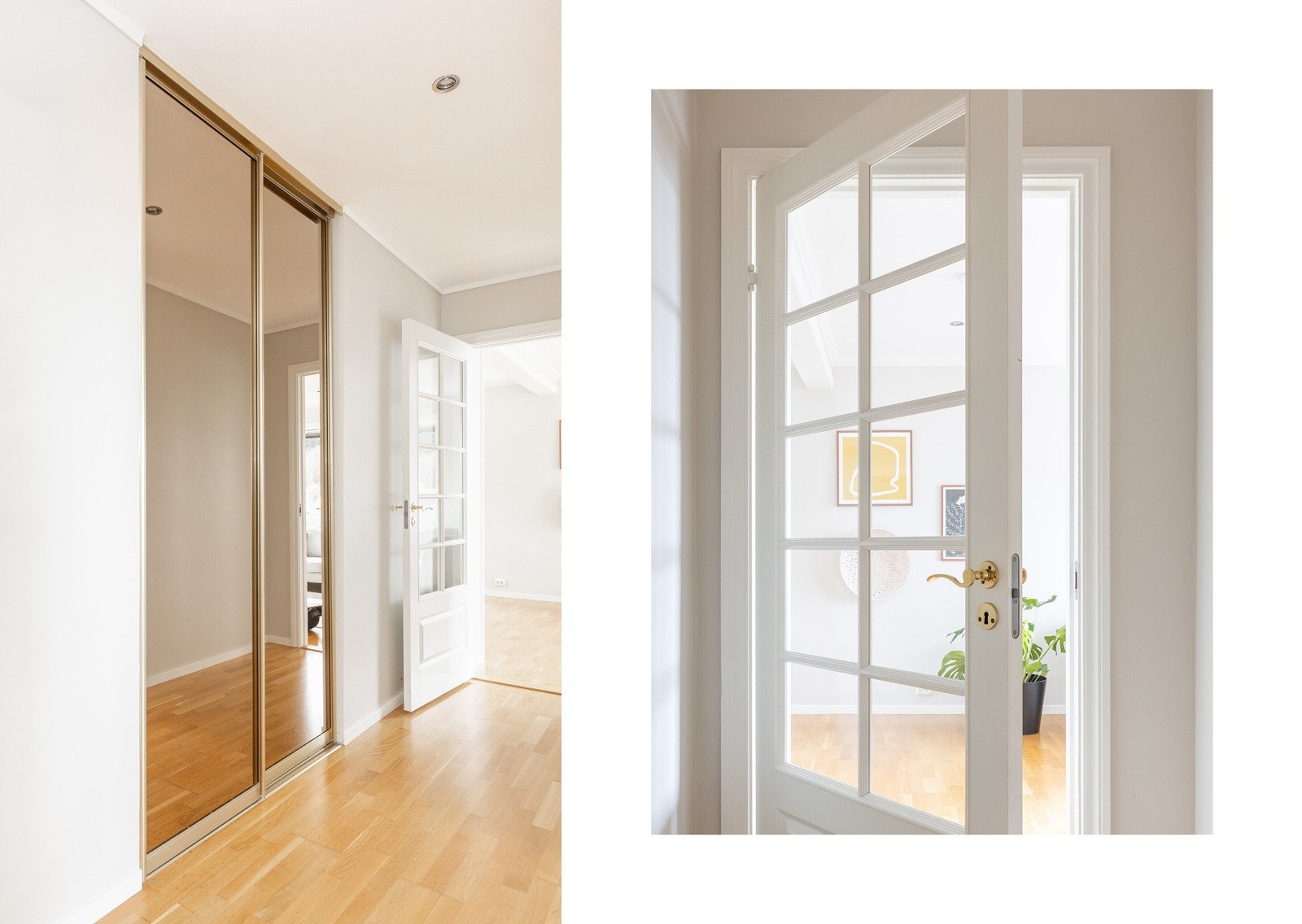 Skyvedørsgarderoben gir god plass til yttertøy, og veggene gir rom for ekstra oppheng om ønskelig. Overflatene er lyse, gulvet belagt med trestavs parkett, og himlingen utstyrt med downlights for en stilren helhet. Galleribilde