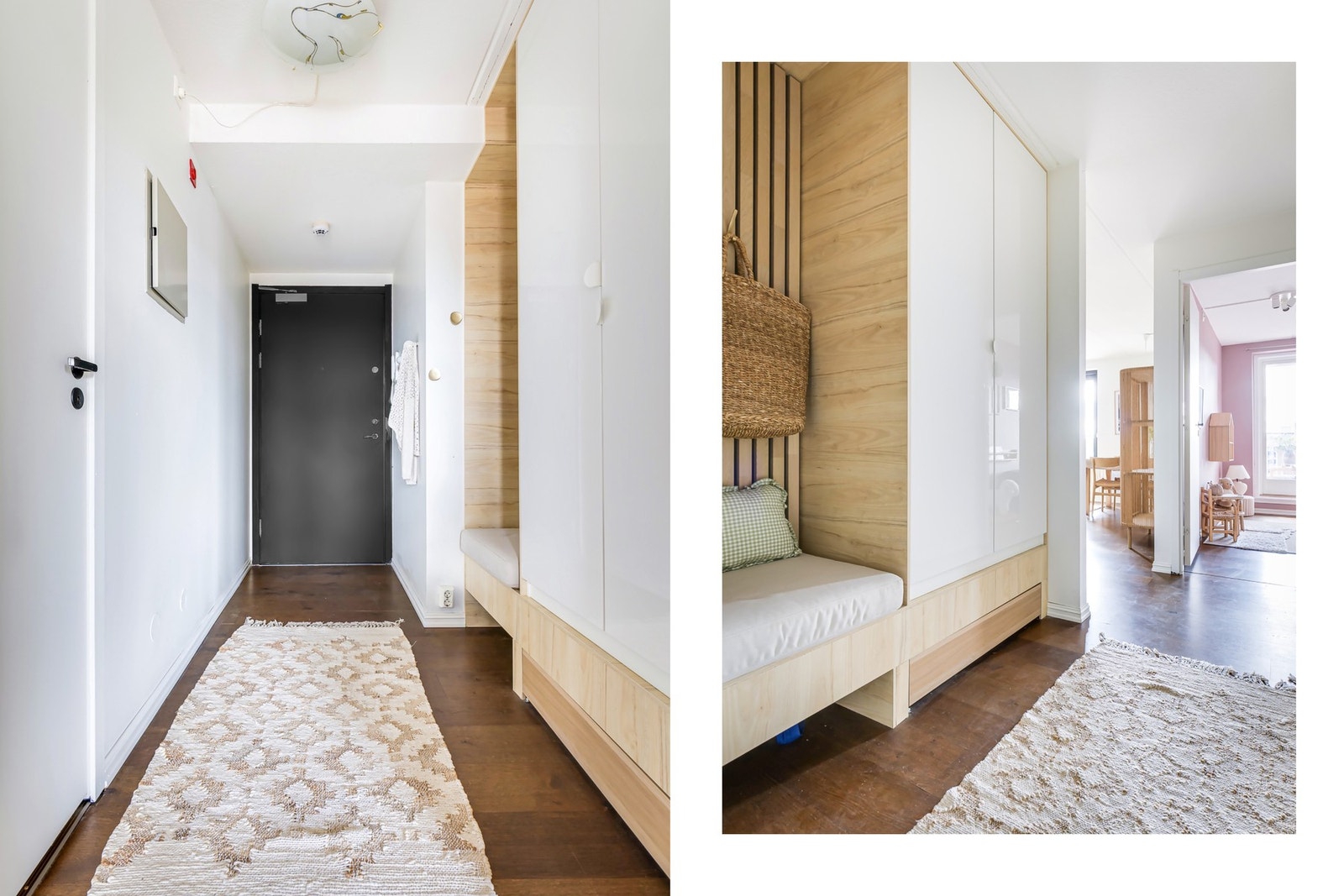 I leiligheten finner man integrerte garderobeløsninger, spesialtilpasset av møbelsnekker i 2023 - en gjennomført løsning som gir både stil og funksjon. Galleribilde