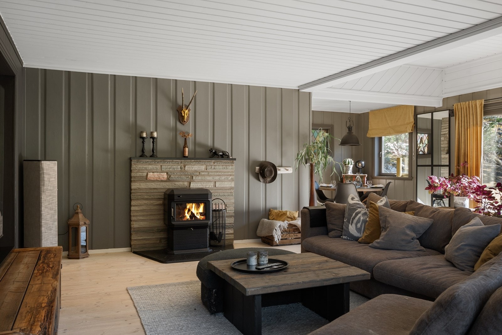 Peisovnen i stua bidrar til både varme og ekstra hygge, og varmepumpe fra 2023 sørger for jevn temperatur. Galleribilde