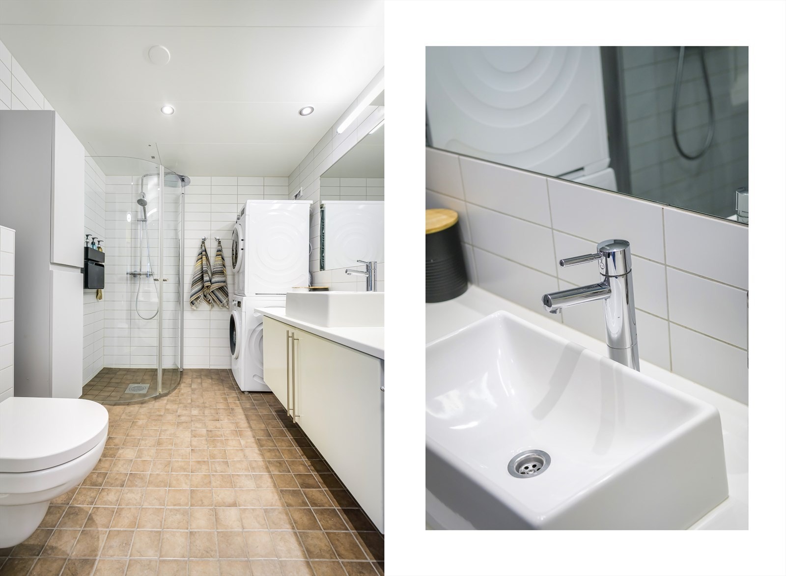 Badet er utstyrt med et veggmontert toalett, setvantinnretdning, et dusjhjørne med
glassdører samt opplegg for vaskemaskin. Galleribilde