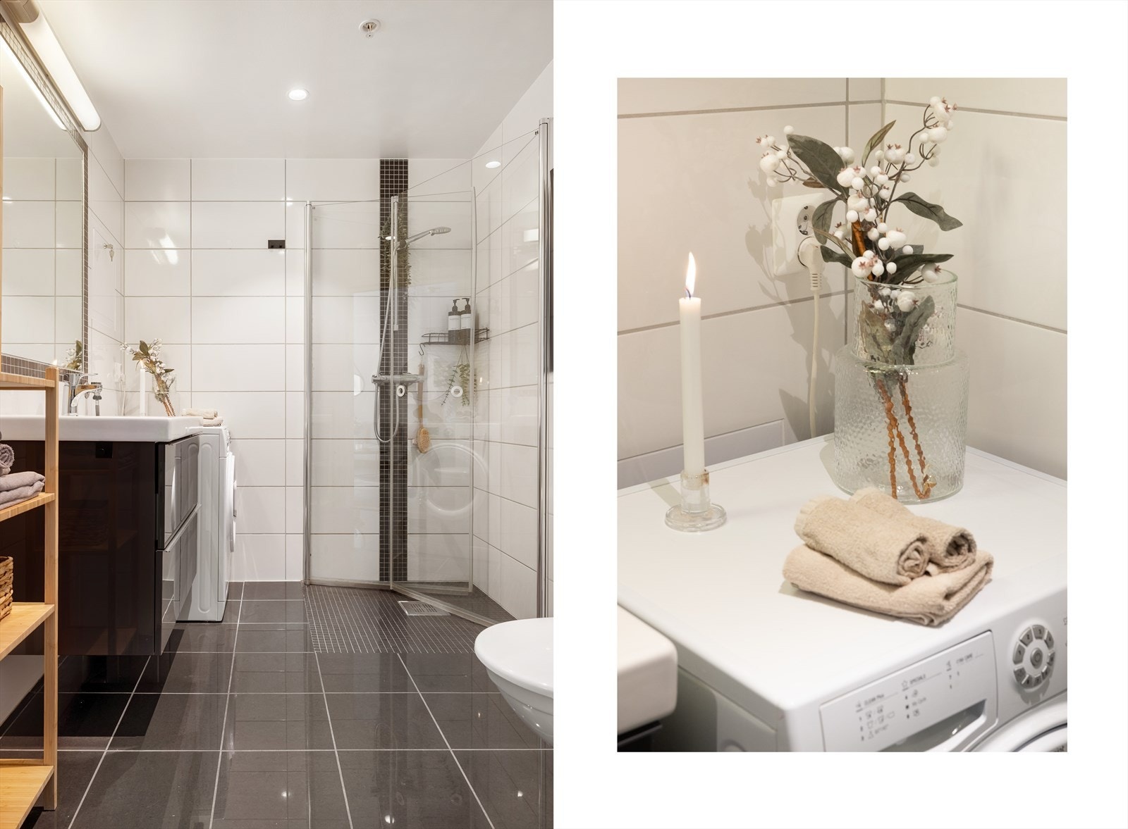 Badet ble oppgradert sammen med resten av bygget i 2015. Rommet er helfliset med varmekabler i gulv. Galleribilde