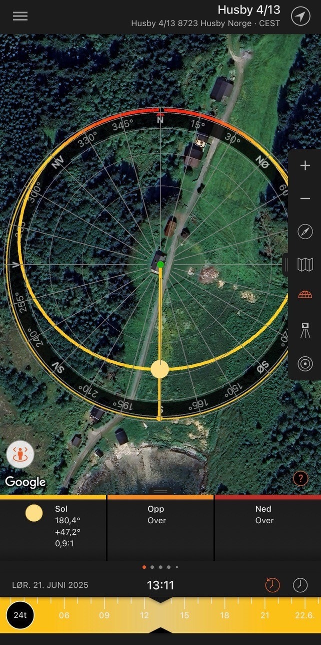 Her er vises solgang den 21. Juni, kl 13:11. Solen står mer eller mindre rett inn fra sør da. Galleribilde