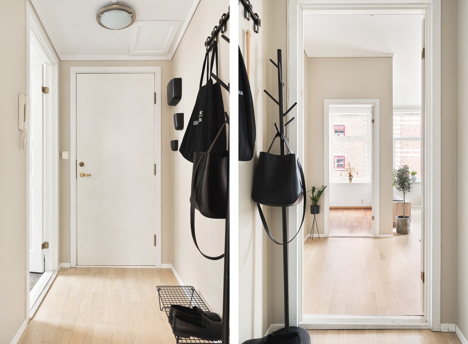 Lys og innbydende entré med praktisk planløsning og god plass til yttertøy og sko. Her er det lagt 3-stavs parkett, som går sømløst videre inn i stue og soverom, og gir en helhetlig og lun atmosfære. Galleribilde