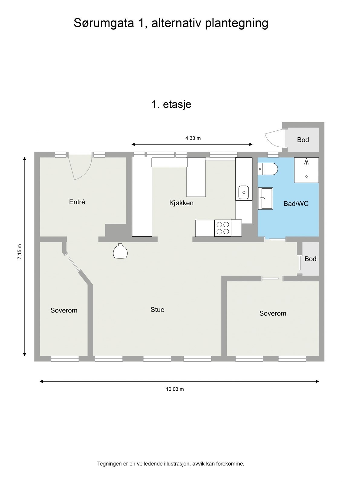 Alternativ planløsning for større stue. Vegger er plassert oppå gulvene, og kan enkelt fjernes uten at det etterlater merker/skaper ekstraarbeid. Galleribilde