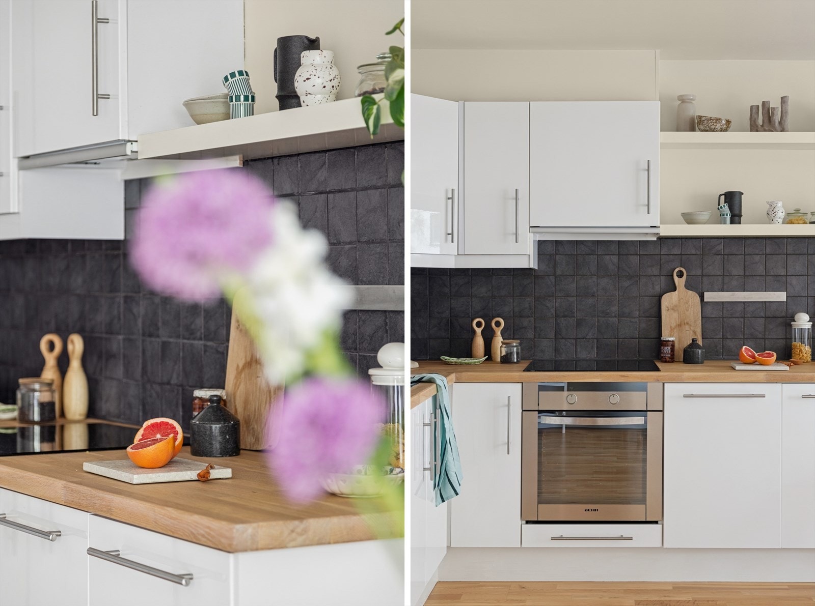 Innredningen er lys med hvite, slette fronter i høyglans og heltre benkeplate med nedfeldt dobbel oppvaskkum og ettgreps blandebatteri. Galleribilde