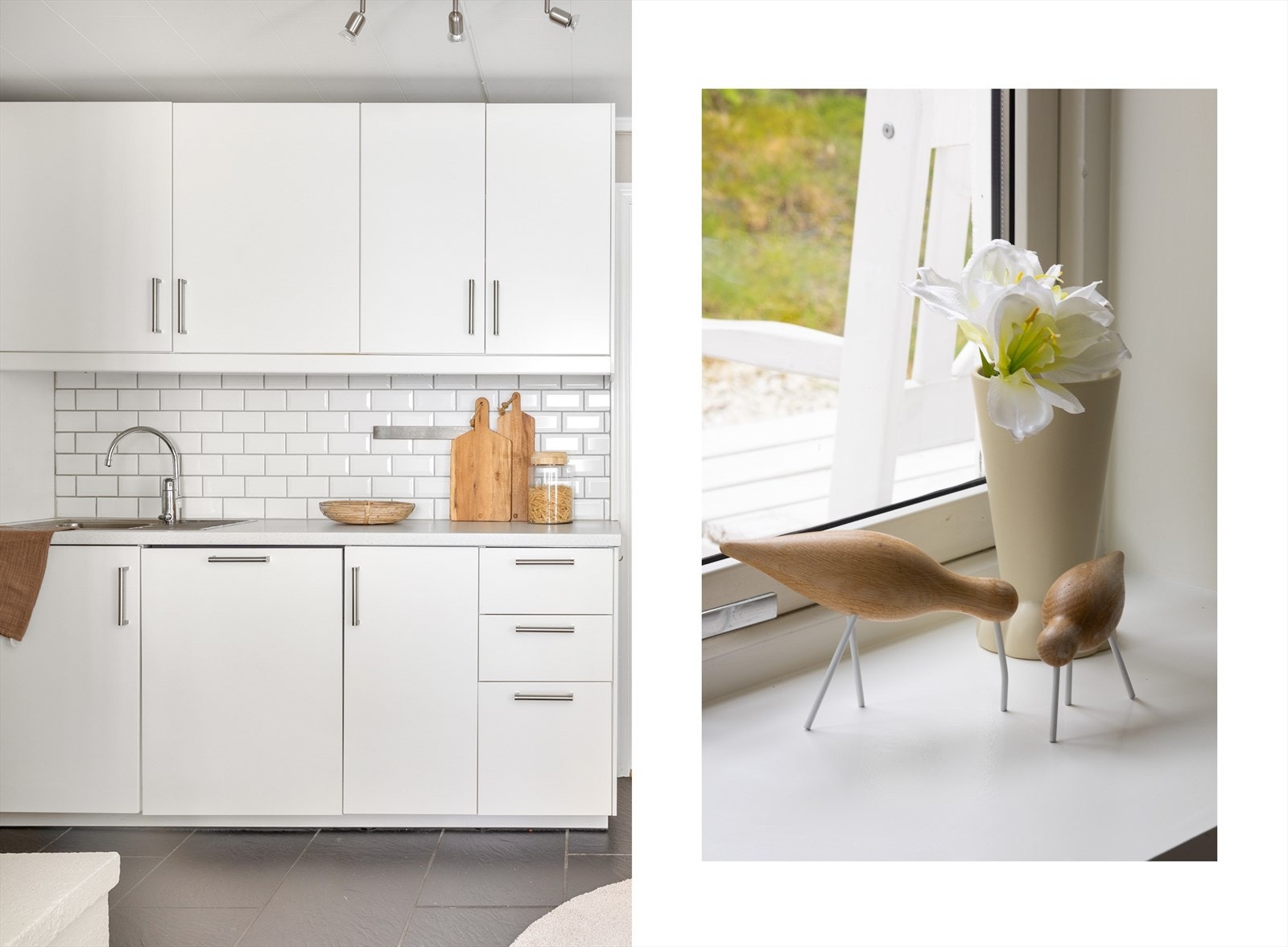 Klassisk og stilrent kjøkken, med fliser over benk. Galleribilde