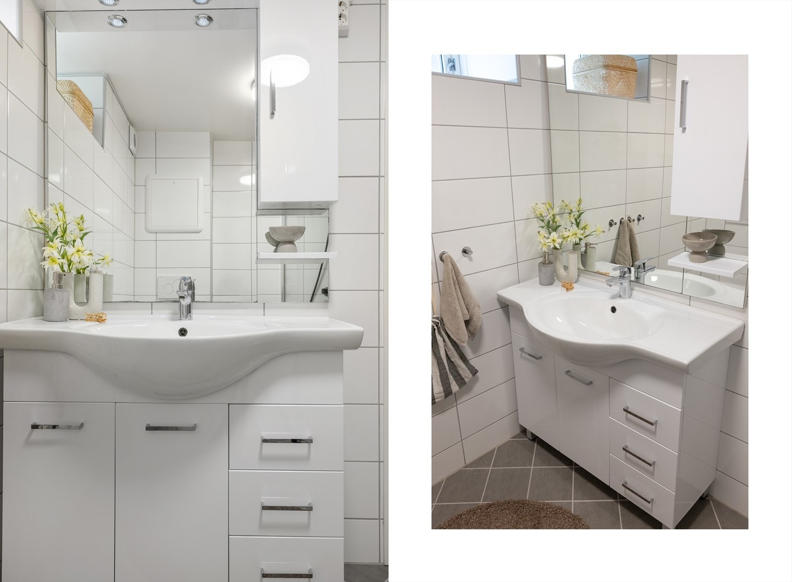 Klassisk og helfliset bad, med varmekabler i gulv. Galleribilde