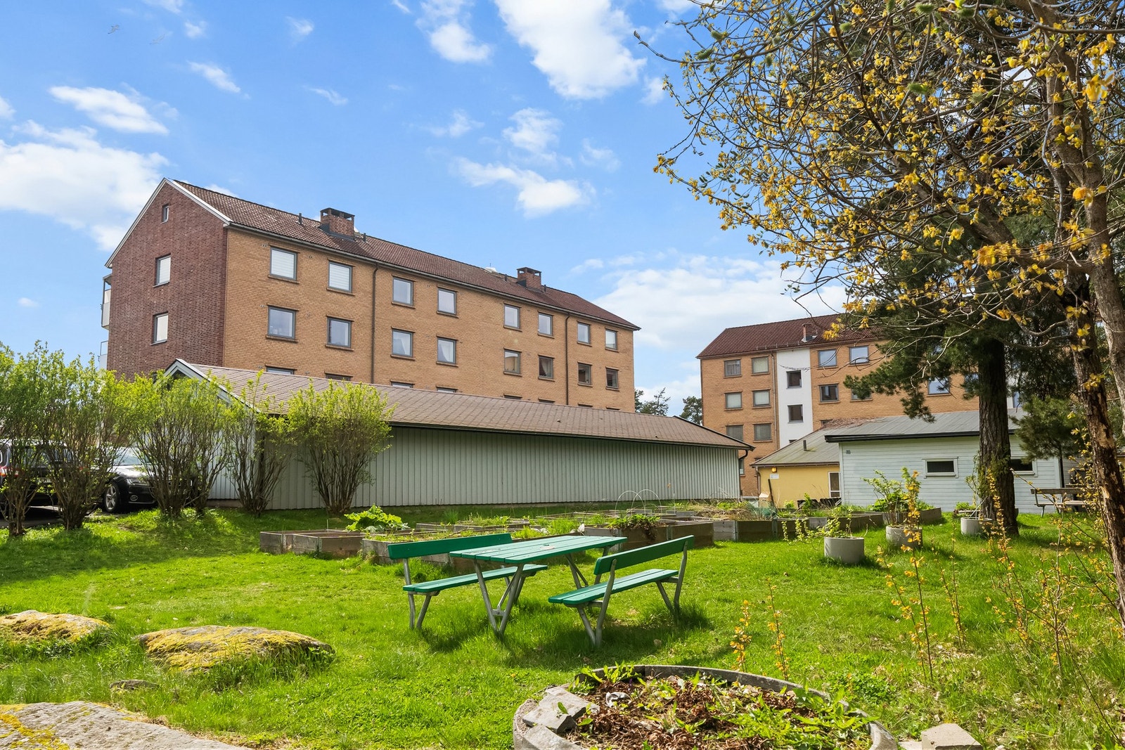 . Fellestomten er pent opparbeidet med plenarealer, prydbusker og asfalterte internveier Galleribilde