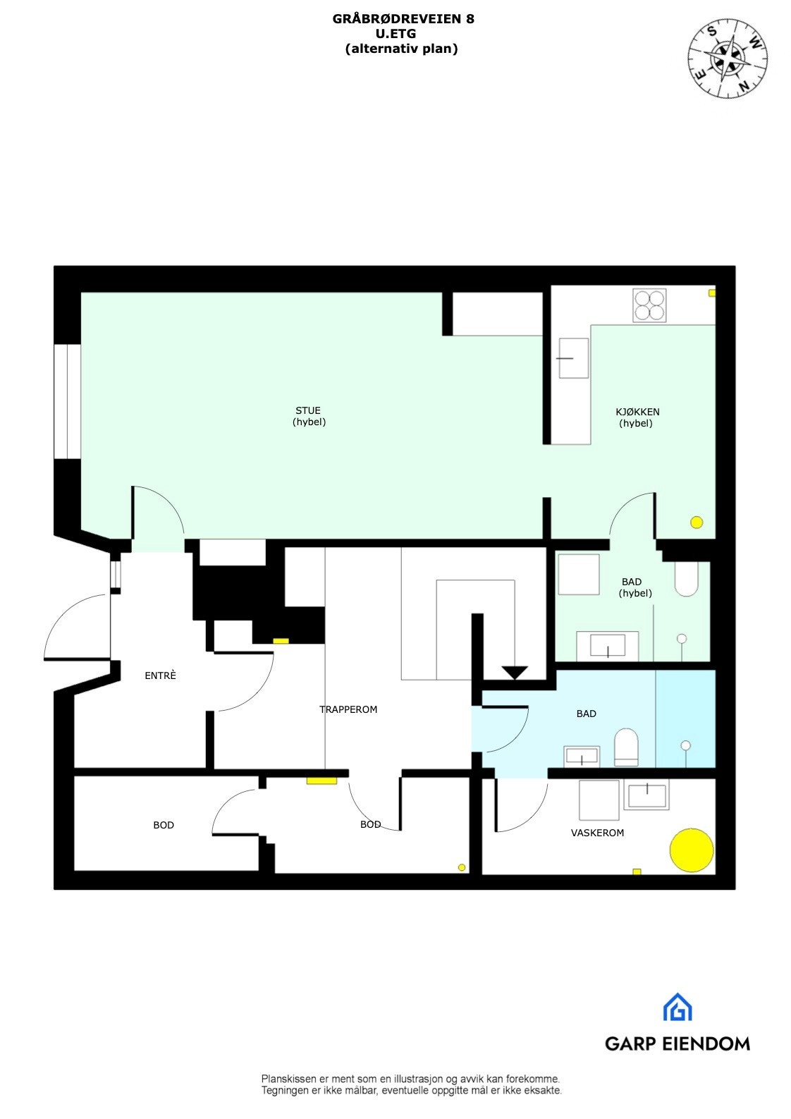 Alternativ planløsning. Merk at det ikke er undersøkt mulighet for bruksendring av dagens romløsning og selger bærer således ingen risiko rundt dette. Galleribilde