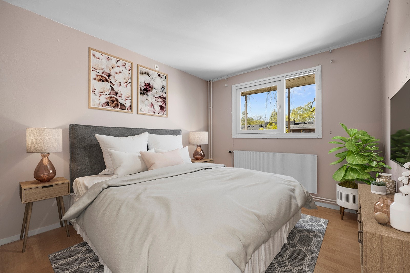 Illustrasjonsbilde med digitalstyling av hvordan man kan innrede hovedsoverommet Galleribilde