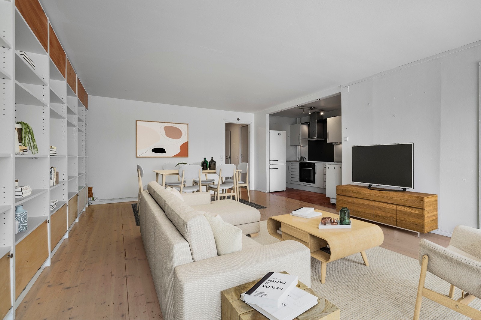 Illustrasjonsbilde med digitalstyling av hvordan man kan innrede stuen Galleribilde