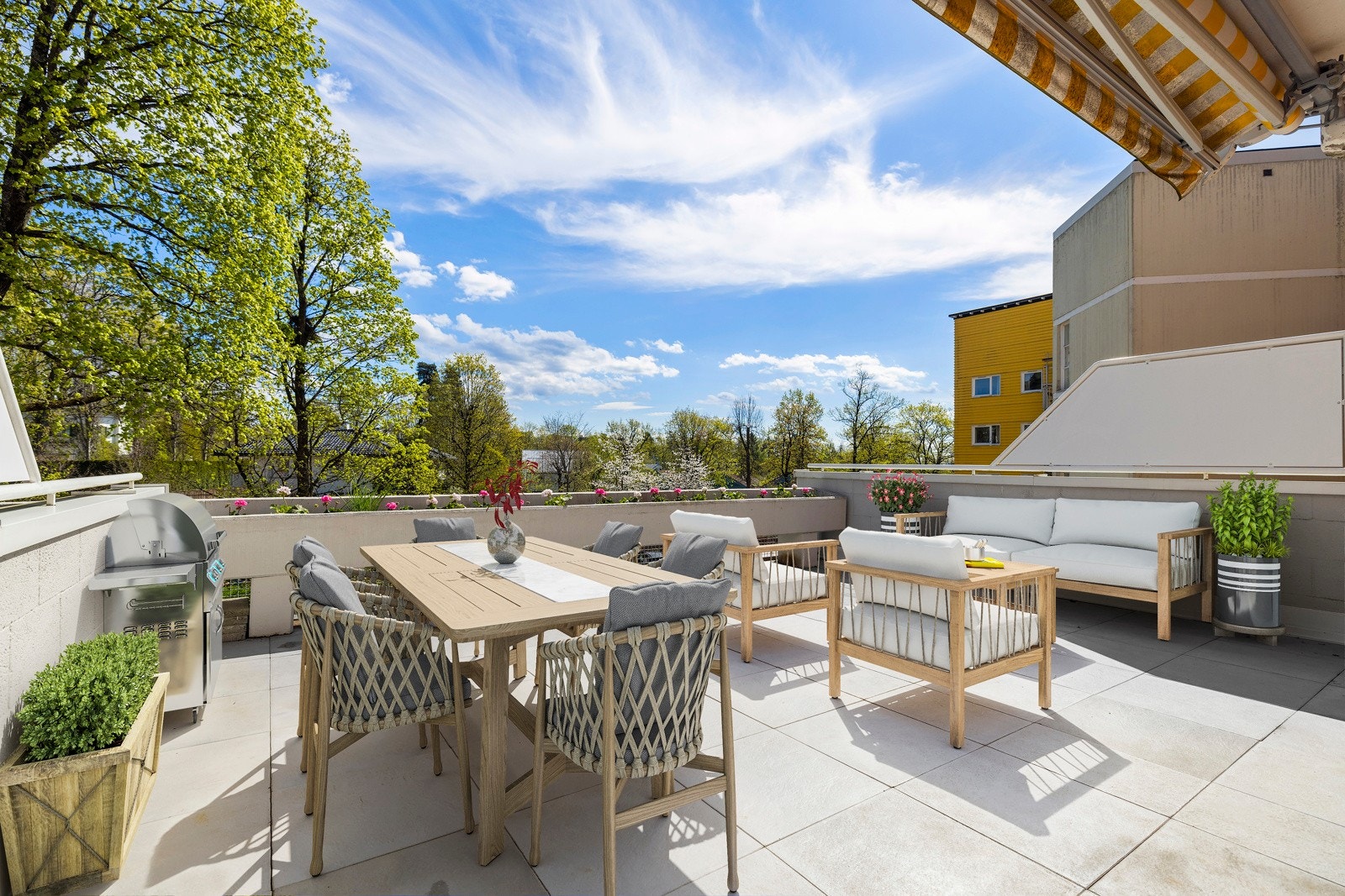 Her er et illustrasjonsbilde med digital styling av en hyggelig inndreningsløsning på terrasen Galleribilde