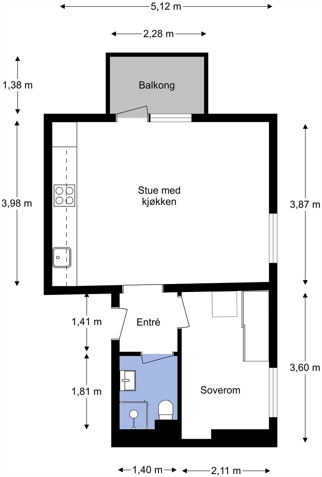 Plantegning fra takstmann. Leiligheten har en gjennomtenkt og godt utnyttet planløsning med entré, stue og kjøkken, soverom og bad. To boder for lagring. Galleribilde