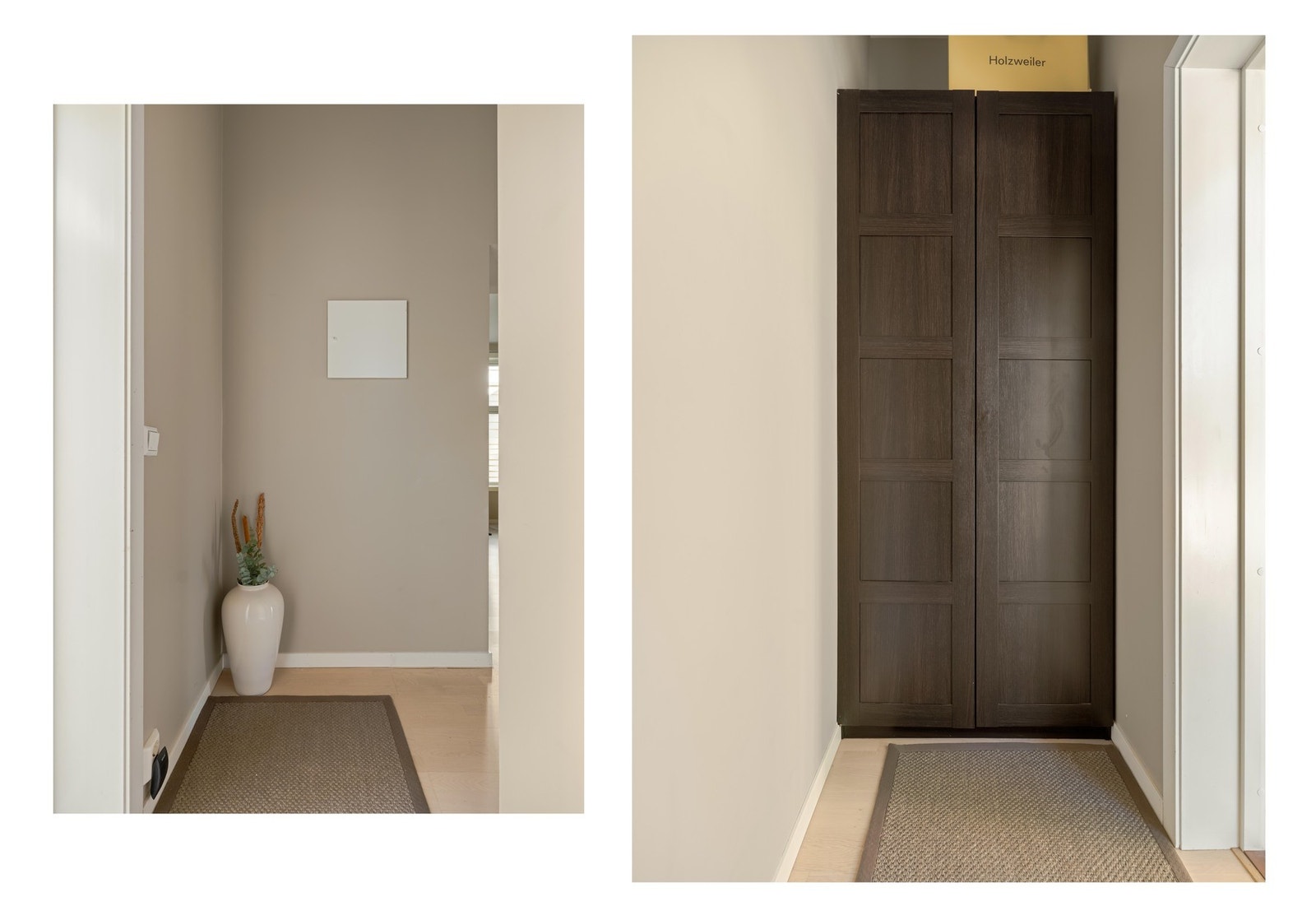 Velkommen inn. I entreen er det det garderobeskap for oppbevaring og plass til å sette fra seg sko og lignende. Galleribilde