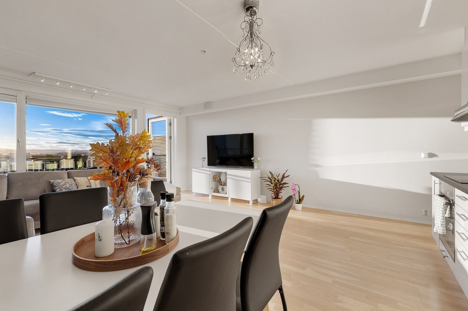 Romslig stue med duse, moderne overflater og god plass til spisebord og annet ønskelig møblement. Galleribilde