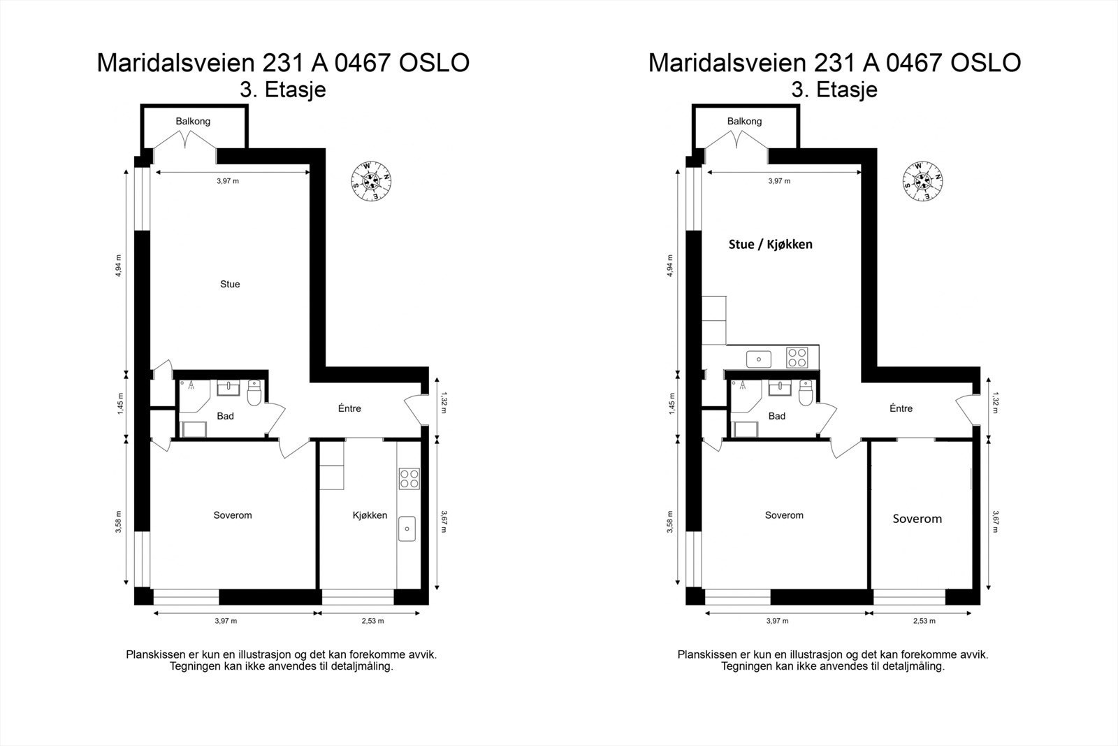 Nåværende planløsning og alternativ planløsning - Kun ment som illustrasjon Galleribilde