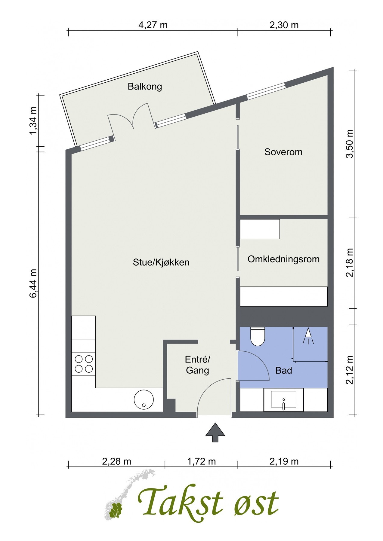 Plantegning. I tillegg disponerer leiligheten en bod i kjeller på ca. 5,4 kvm. Galleribilde