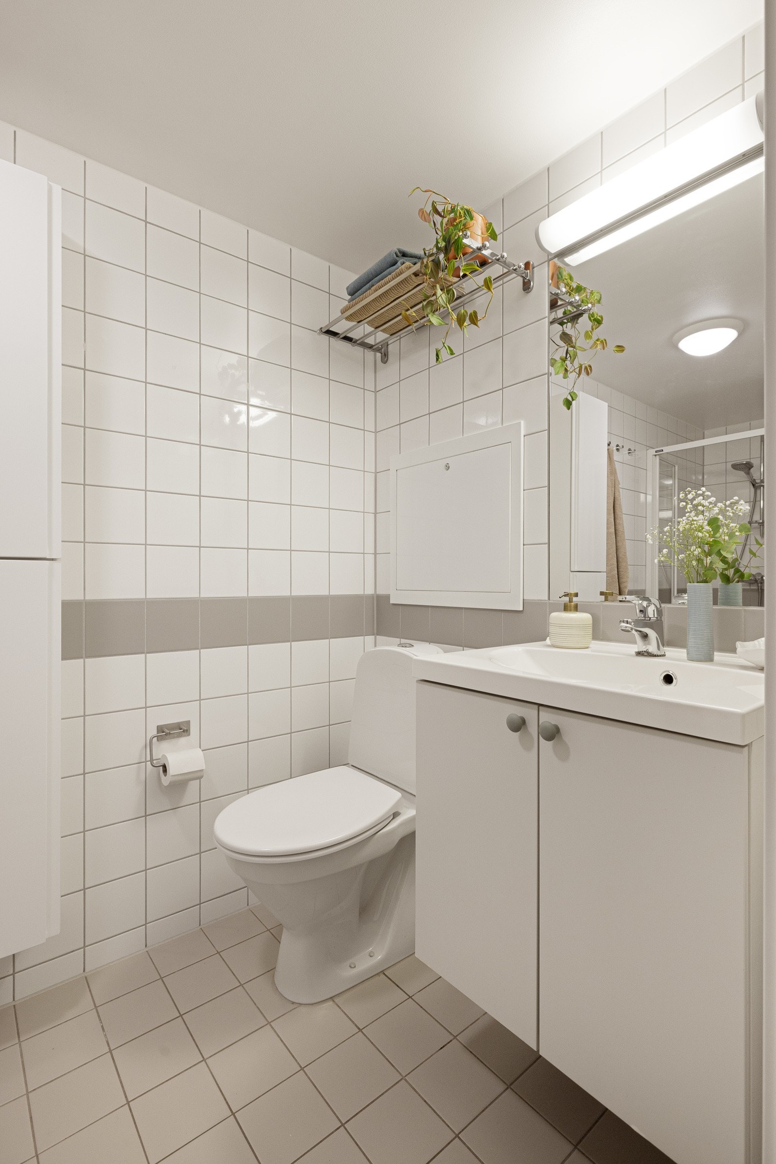 Gulvmontert toalett, vegghengt servantskap med ovenpåliggende servant. Galleribilde