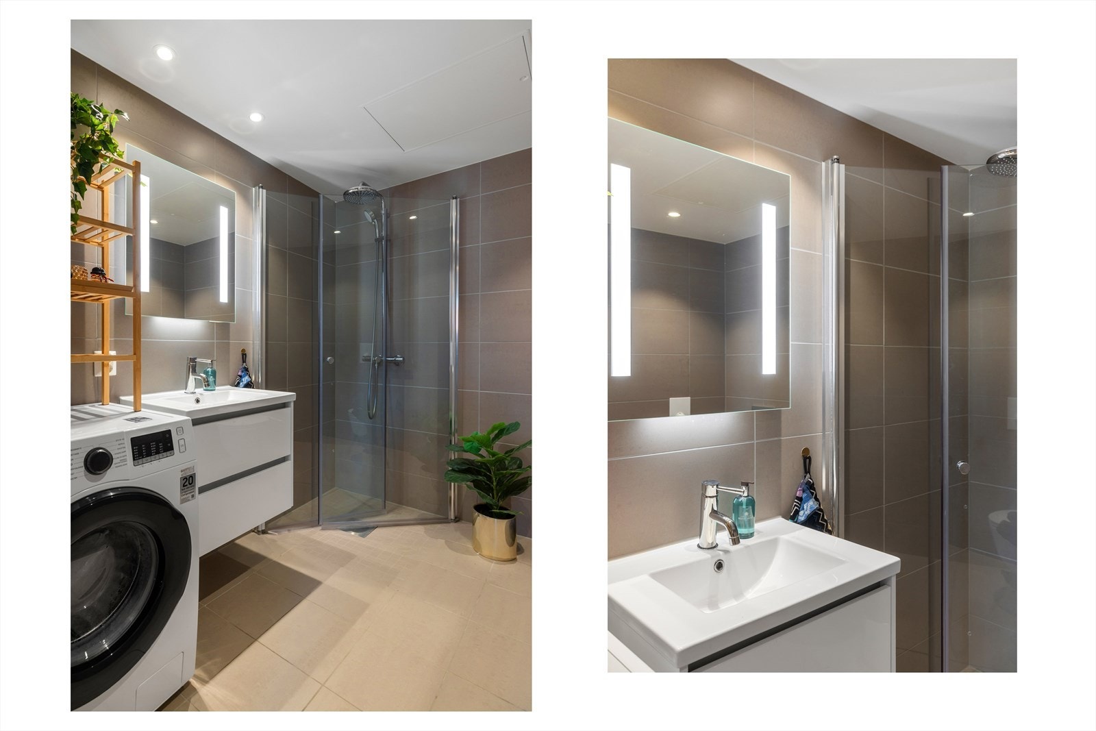 Baderommet er levert med herlig vannbåren gulvvarme, moderne vegghengt servantskap med heldekkende servant og underskuffer, samt vegghengt toalett og dusjnisje med innfellbare glassdører. Videre er det opplegg for vaskemaskin og tørketrommel. Galleribilde