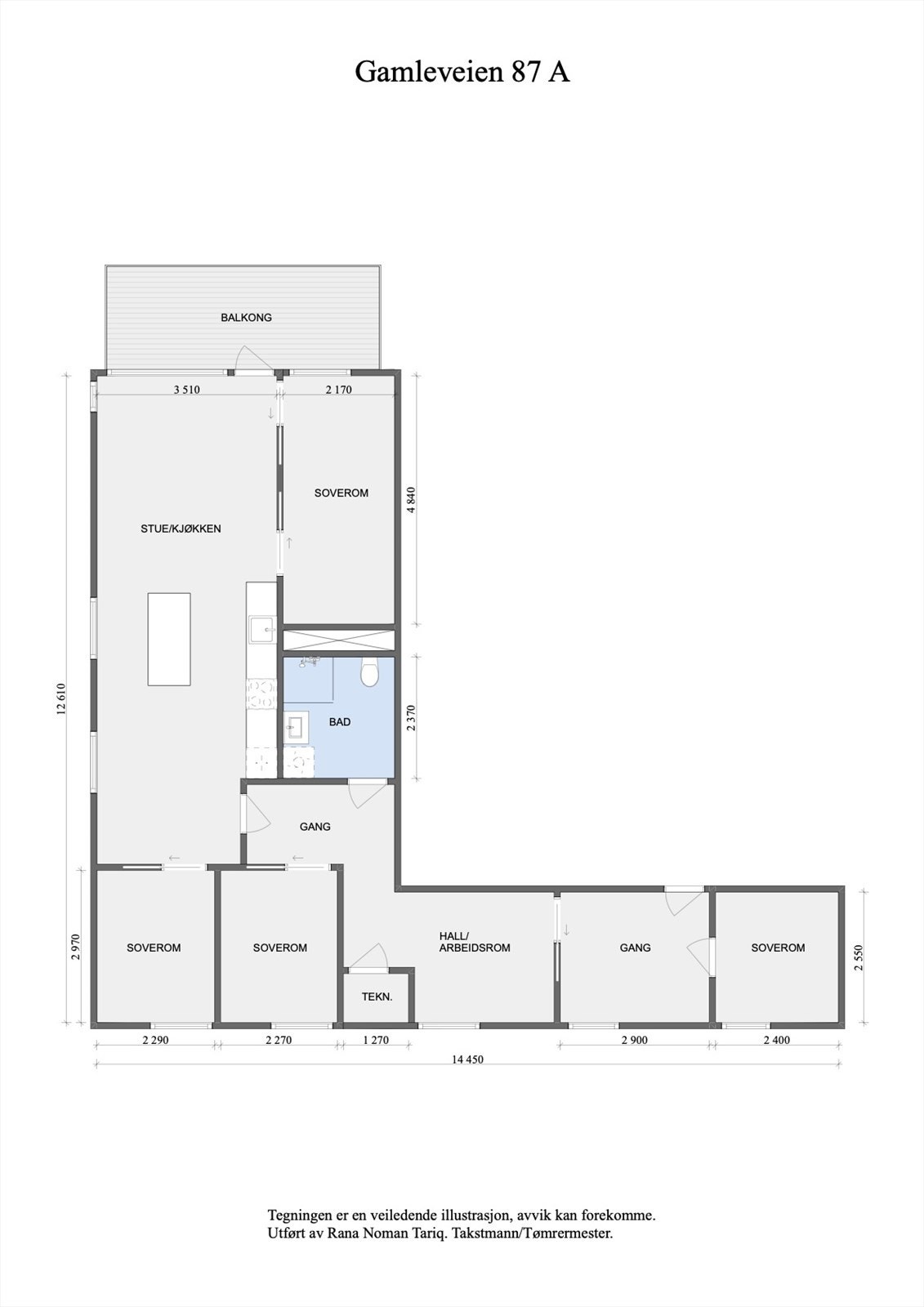 Leiligheten ligger i 4. etasje og inneholder entré/gang, hall/arbeidsrom, teknisk rom, gang, 4 soverom, bad og stue/kjøkken med utgang til balkong. I tillegg disponerer leiligheten en bod i underetasjen. Galleribilde