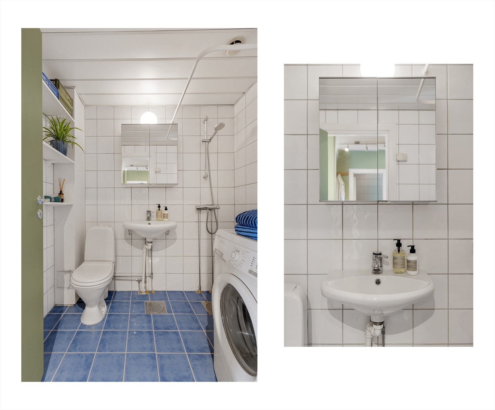 Innredning og garnityr på bad fremstår med: Dusjplass med tilhørende garnityr, servant, speilskap med lys over, opplegg for vaskemaskin og wc. Galleribilde