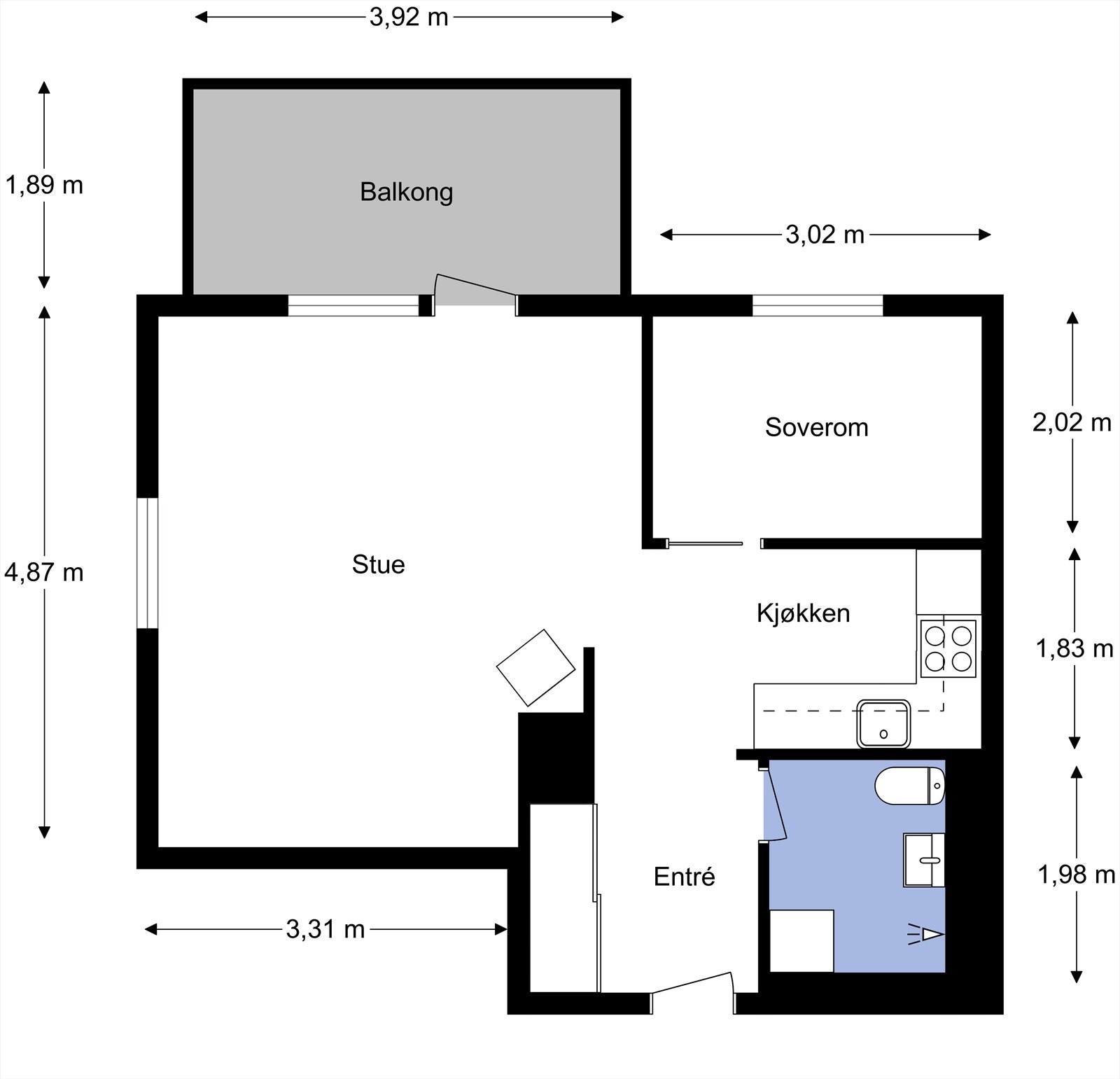 Plantegning fra takstmann. Leiligheten inneholder entré, stue, kjøkken, soverom, baderom og balkong. Boligen disponerer 3 boder. Galleribilde