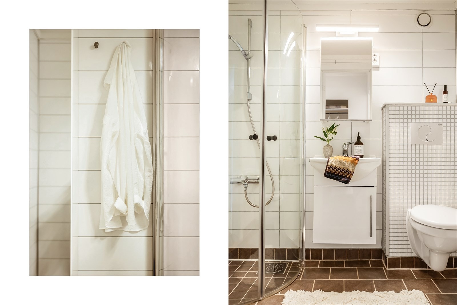 Badet er utstyrt med vegghengt toalett, dusjhjørne med glassfoldedører, servant med underliggende møblement, speil og belysning. Galleribilde