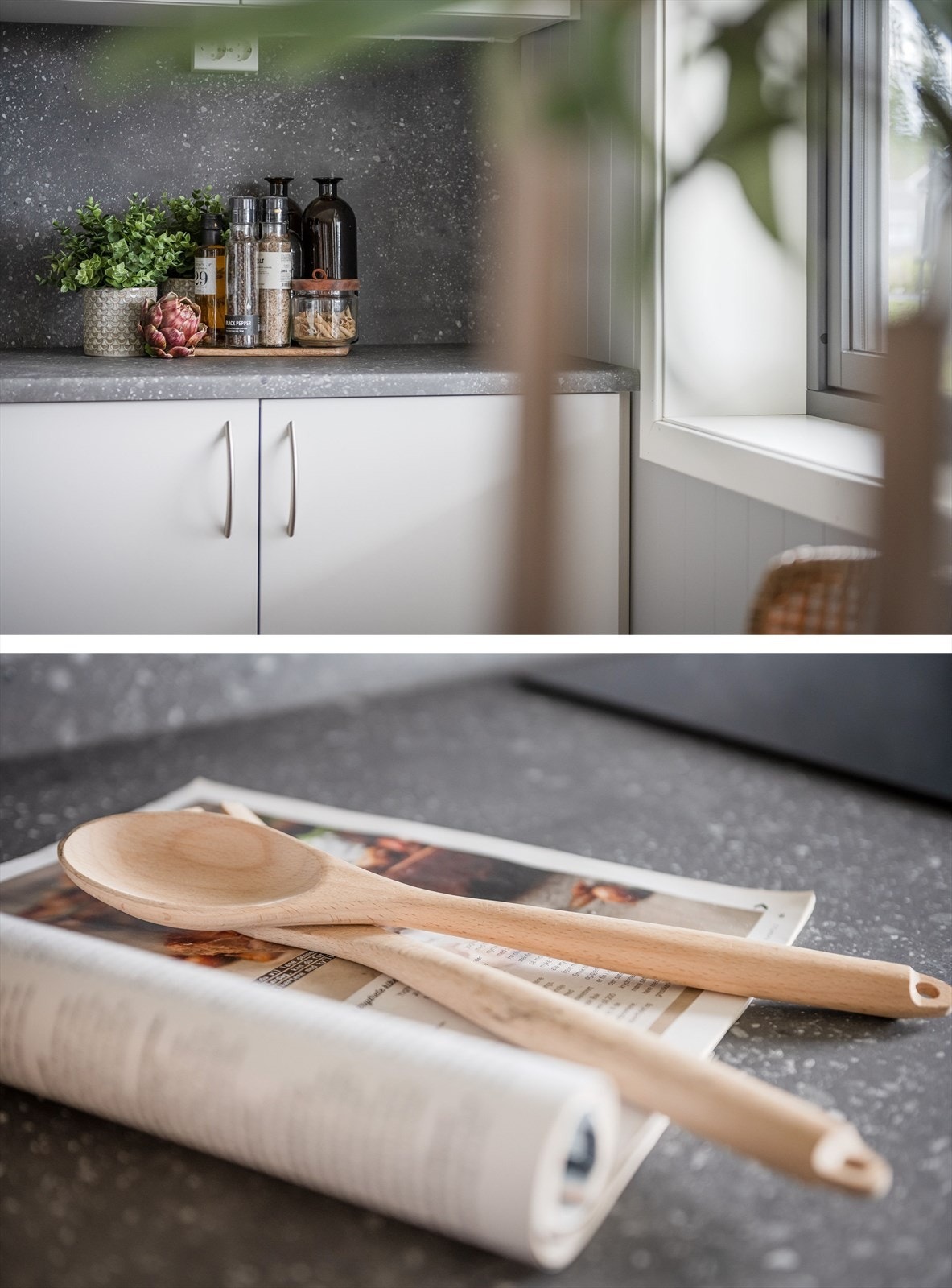 Innredningen har hvite glatte fronter og laminert benkeplate som også er lagt i benkeryggen. Galleribilde