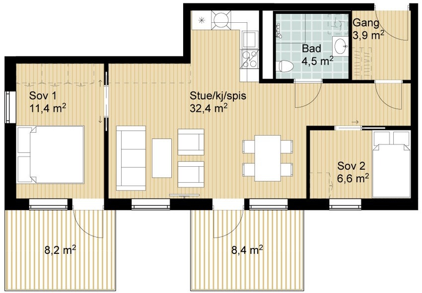 Leiligheten ligger fint til på hjørnet med store vindusflater fra gulv til tak mot sør og vest. Planløsningen er praktisk og arealeffektiv bestående av to soverom, romslig stue/kjøkken løsning, bad og gang. Galleribilde
