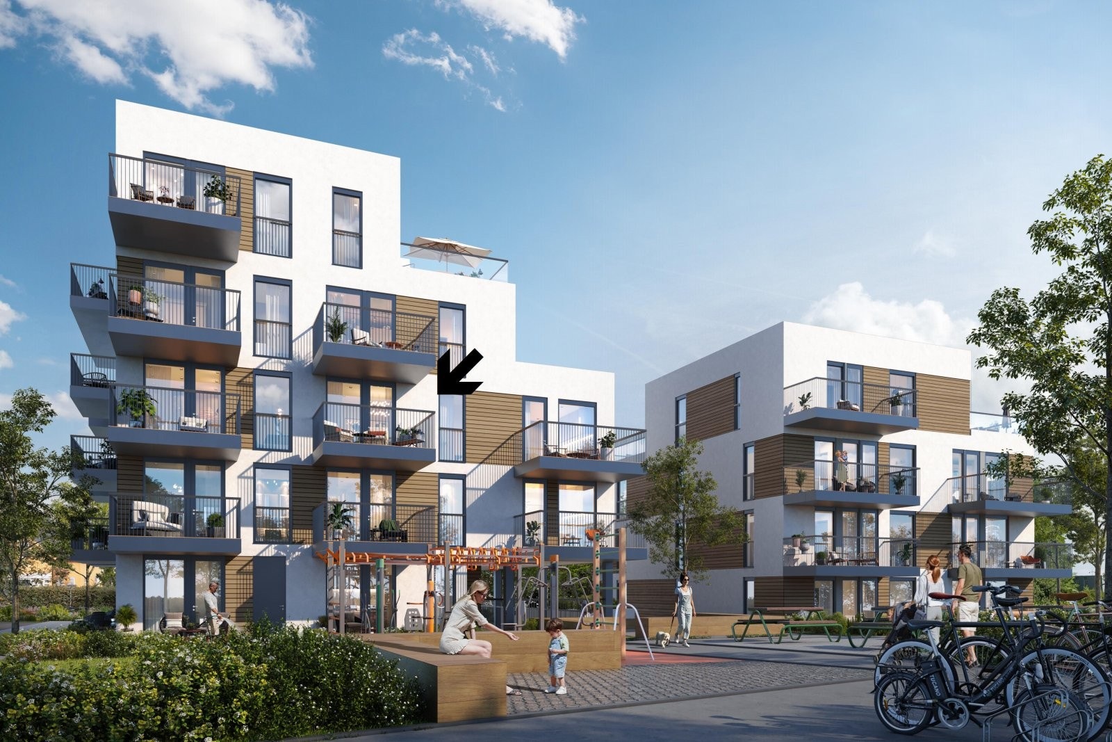 Leiligheten har en svært god beliggenhet i byggets 3. etasje med to sørvendte balkonger. Området utenfor vil bli pent opparbeidet og skjermet for biltrafikk. Galleribilde