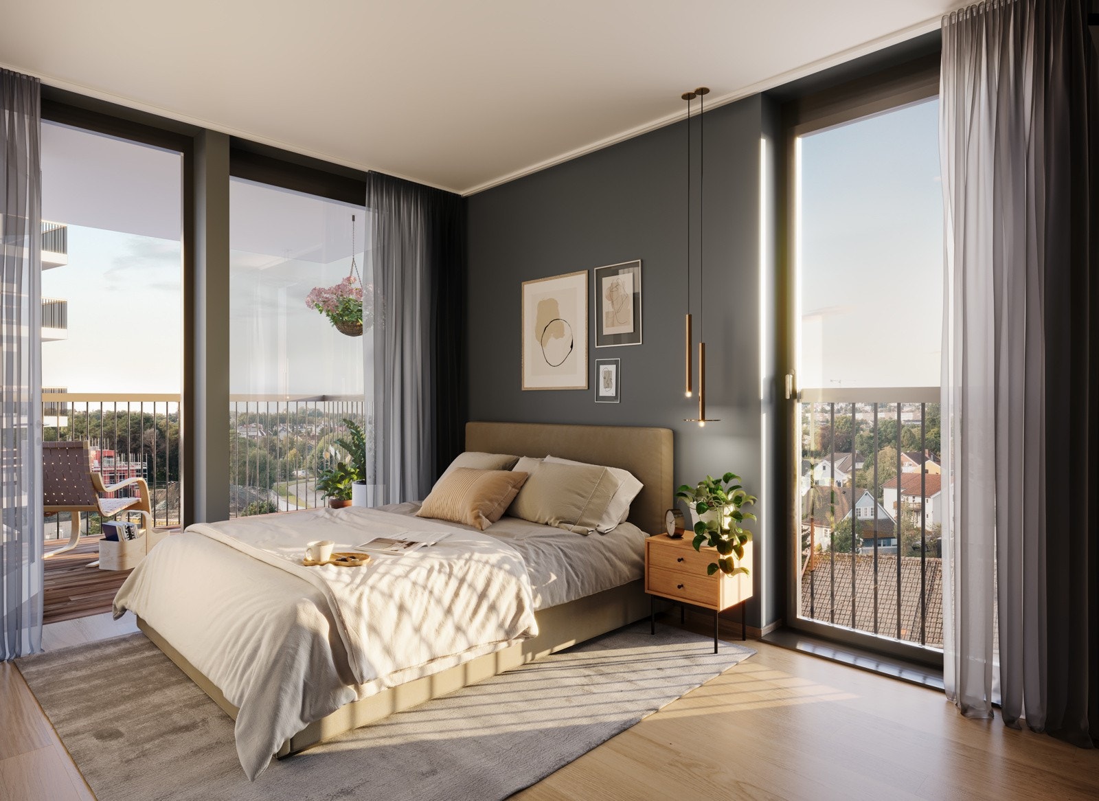 Boligen vil bli levert med tidsriktige materialvalg. Det er valgt fargekonsept 1 med beige design på kjøkken, soothing beige på vegger og sorte stikkontakter. Oppvarming via vannbåren gulvvarme. Ilustrasjon av soverom, avvik kan forekomme. Galleribilde