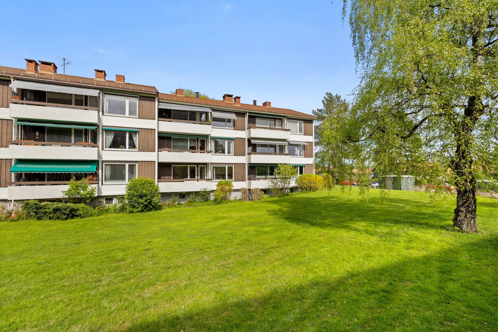 Fellesarealene er pent opparbeidet med asfaltert adkomst til bebyggelsen, store grøntarealer hvor det i hovedsak er naturtomt med plenarealer, trær, busker og annen beplantning. Galleribilde