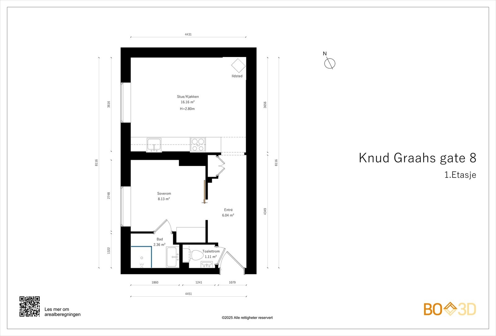 Før vi blar videre ser vi nærmere på boligens planskisse, slik at du får orientert deg litt. I tillegg til innvendige arealer disponerer boligen to boder på totalt 9 kvm. Galleribilde