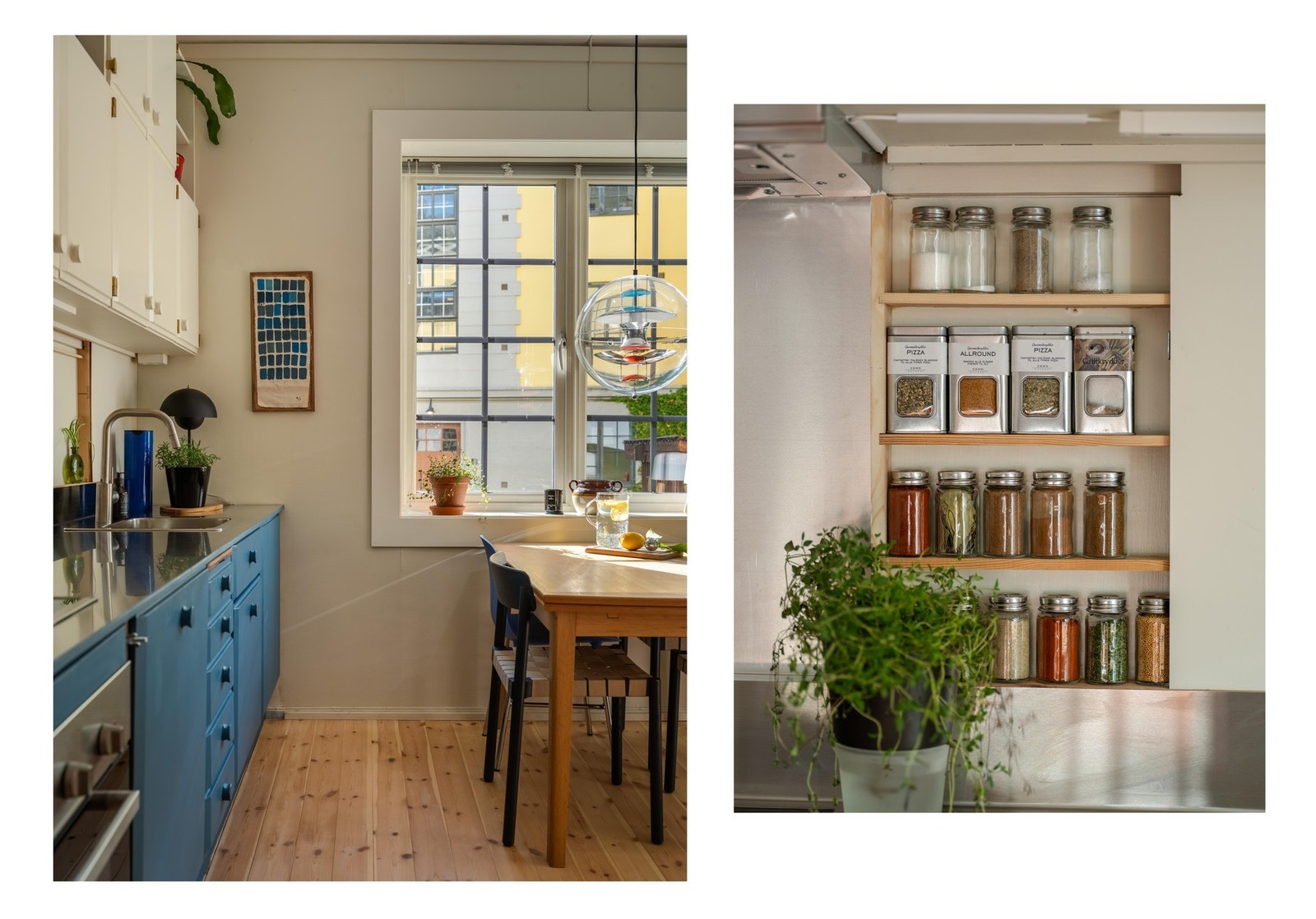 Krydderhyllen er plassbygget i veggen med skyvedør. Denne kan åpnes og lukkes, som er en praktisk egenskap skyvedører ofte har. Galleribilde