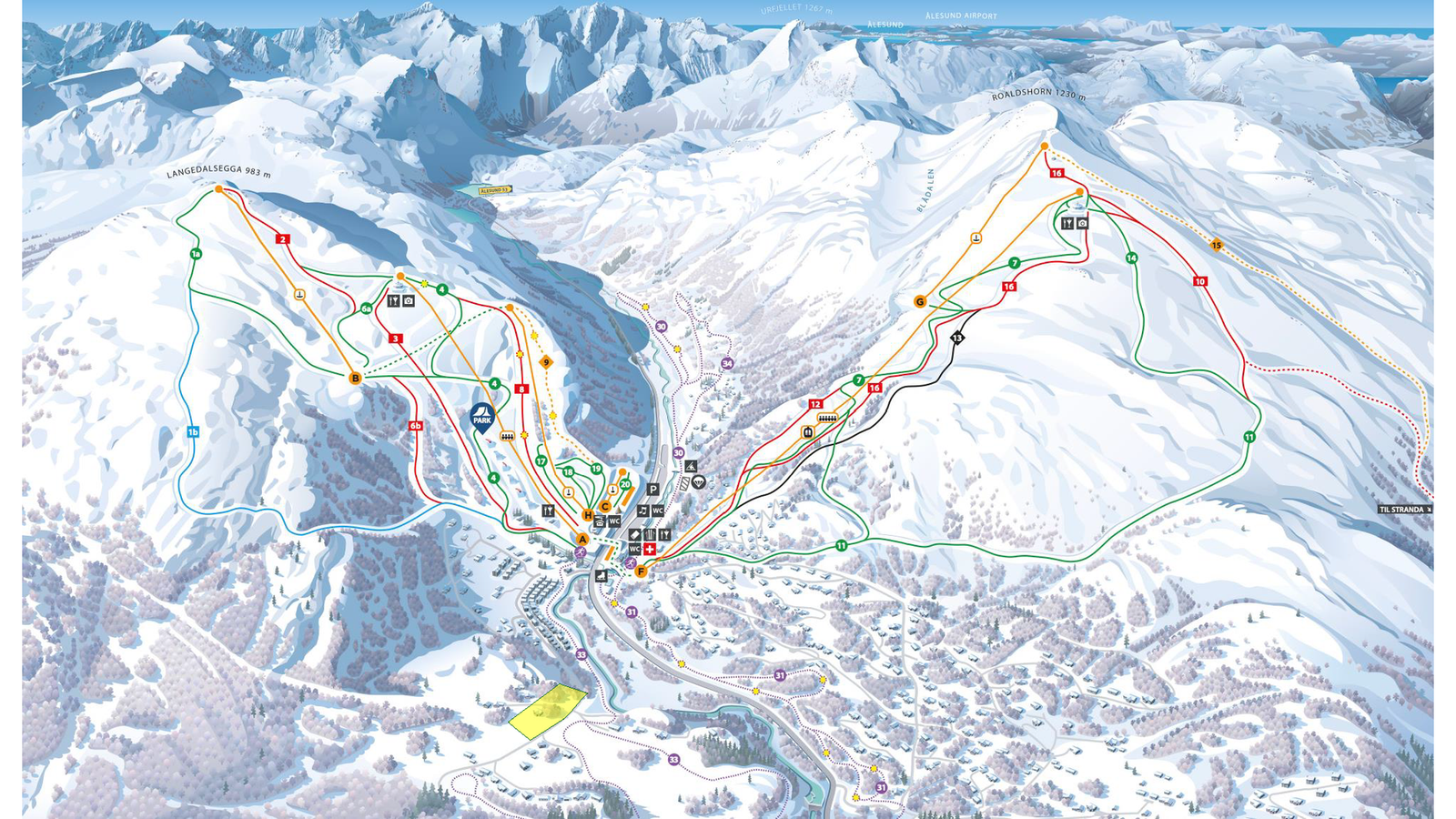 Kart med alpinløyper og langrennsløyper. Tomteområdet markert med gult. Du kan kjøre ski inn alpint til tomtene fra Furset-siden i alpinanlegget Galleribilde