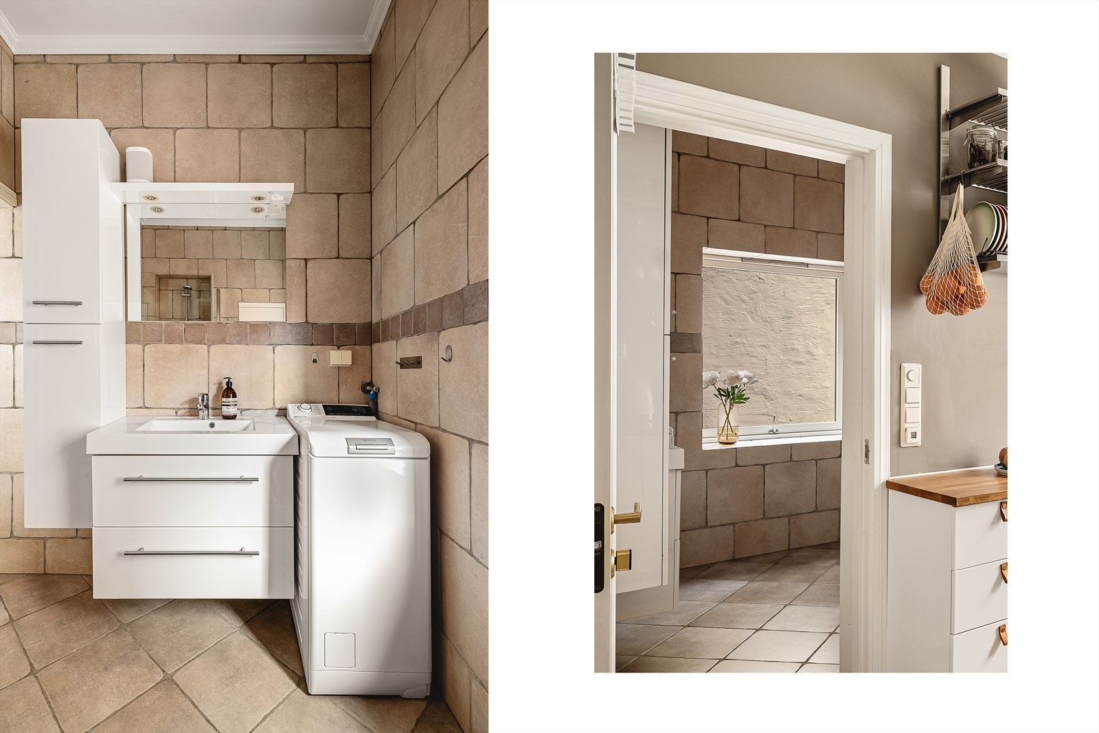 Lekkert bad med varme i gulv og opplegg for vaskemaskin. Galleribilde