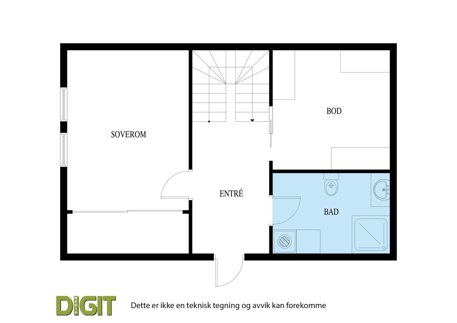 Plantegning av underetasje som består av inngangsparti, romslig hall, stort bad/w.c., 1 soverom og stor bod Galleribilde