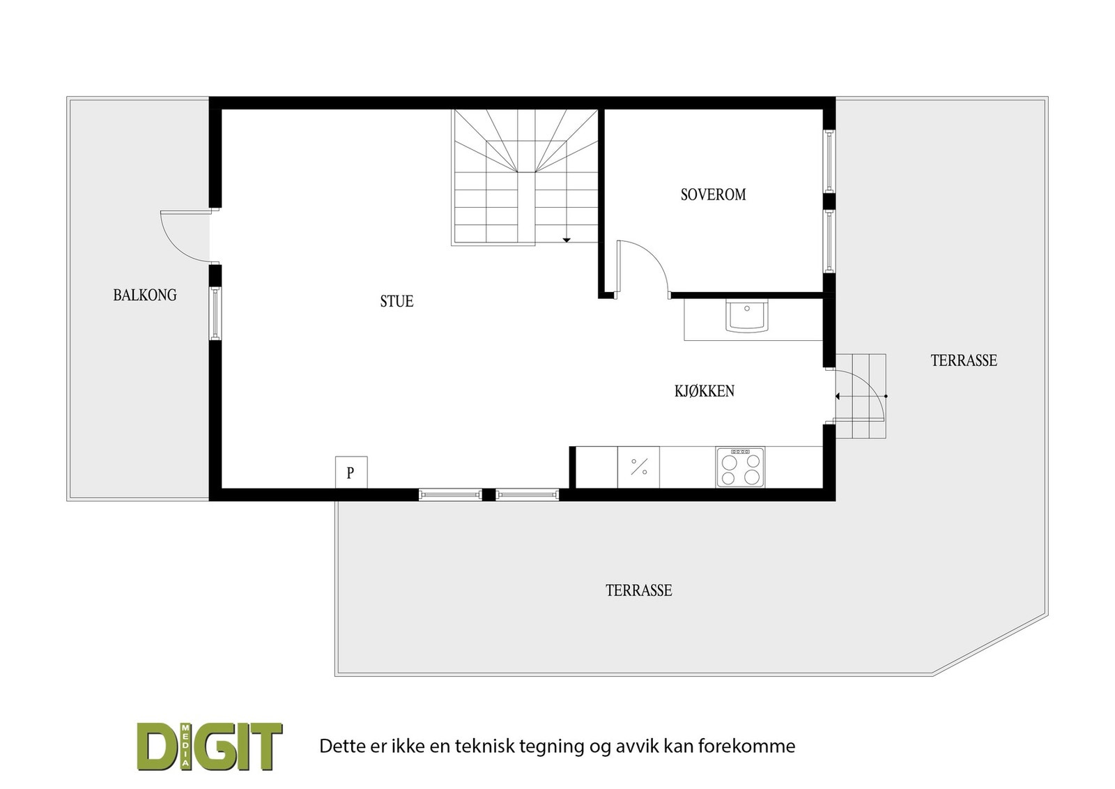 Plantegning av 1.etasje som består av romslig stue, kjøkken og ett soverom. Galleribilde