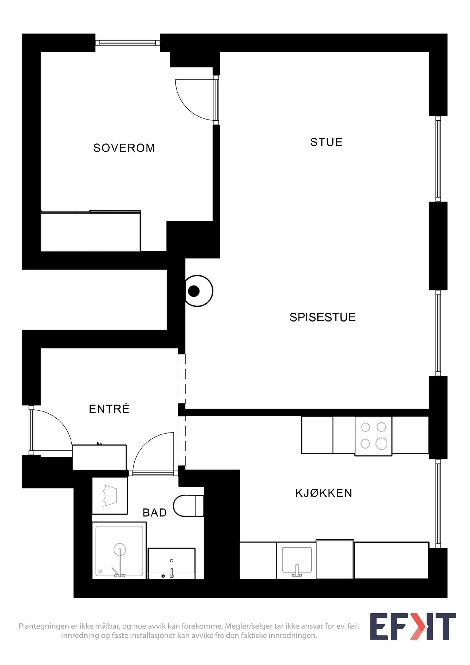 God planløsning med separat kjøkken og soverom Galleribilde